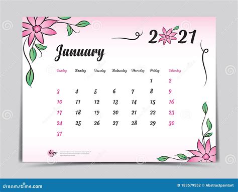 Calendar 2021 Template Pink Flower Concept Creative Design January