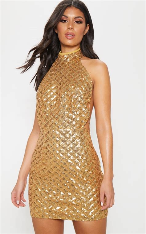 Gold Diamond Sequin Chain Back Bodycon Dress Prettylittlething