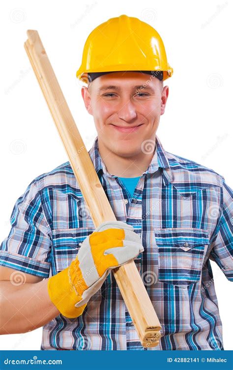 Portrait Of Young Worker Holding Wooden Planks On Shoulder Isol Stock