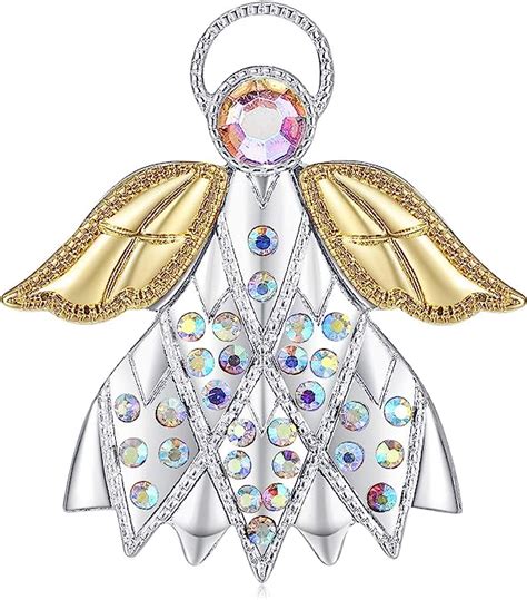 Crystal Guardian Angel Pin Silver Plated With Gold Wings Christmas