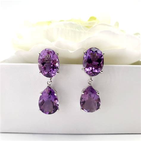 Large Natural Amethyst Gemstone Silver Earrings 925 Sterling Silver