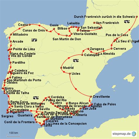 ˈrejno ð(e) esˈpaɲa) ist ein staat auf der iberischen halbinsel im südwesten europas, mit den balearischen inseln im mittelmeer, den kanarischen inseln im atlantik und zwei exklaven in nordafrika. StepMap - Spanien & Portugal - Landkarte für Deutschland