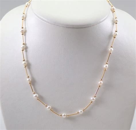 Estate Vintage K Yellow Gold Pearl Tin Cup Necklace Chain