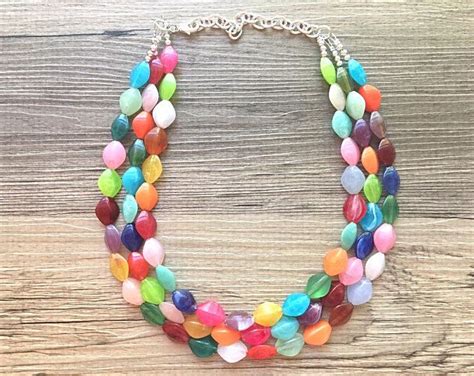 Multi Colored Bead Necklace Colorful Long Stone Beaded Etsy Stone