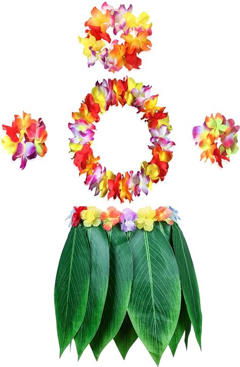 Kefan Leaf Hula Skirt And Hawaiian Leis Set Grass Skirt With Artificial