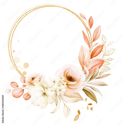 Golden Floral Frame Of Soft Watercolor And Line Art Flowers Stock