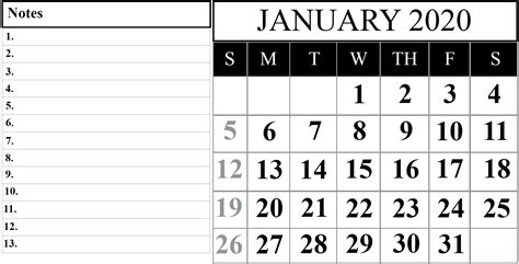 January 2020 Calendar Word Calendar Template Printable