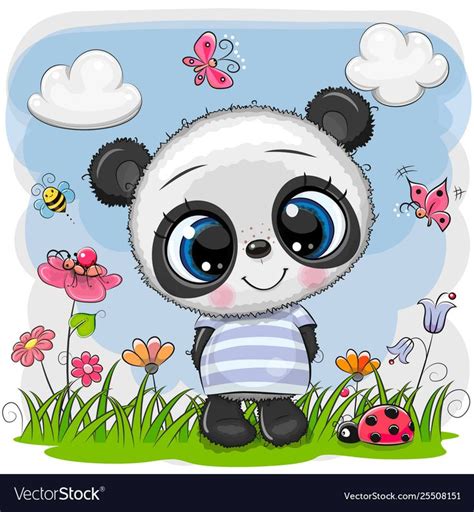 Cute Cartoon Baby Panda On A Meadow With Flowers And Butterflies
