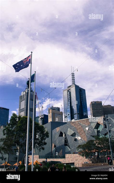 The Flag Of Australia Flying On Federation Square In Melbourne