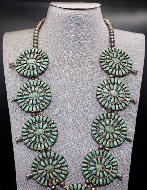 Necklace Navajo Squash Blossom With Turquoise Petit Point And Silver
