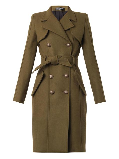 lyst balmain doublebreasted wool trench coat in green