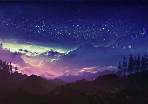 Wallpaper Landscape Mountains Digital Art Night Sky Stars