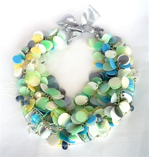 Blue Green White Pastel Statement Necklace Made Of Recycled Plastic