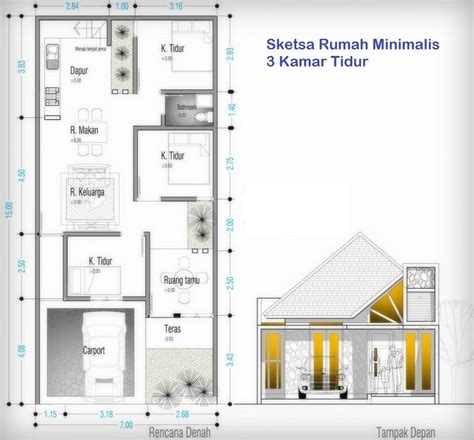 Ukuran 8m x 12m kamar tidur 2 kamar mandi 1 ruang tengah ruang tamu dapur out door taman kecil. Denah Rumah 3 Kamar Ukuran 7x12 | Rumah minimalis, Denah ...