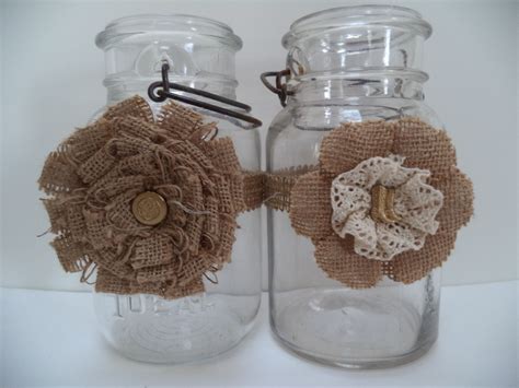 Mason Jar Decorations In Gold With Cream And Burlap For 50th Wedding