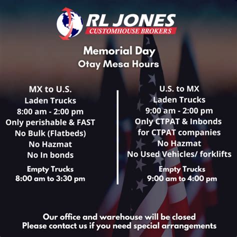 Otay Mesa Hours Of Operation For Memorial Day Monday May 29 2023 R