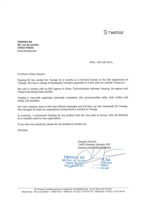 Letter Of Application Lettre De Reference Example
