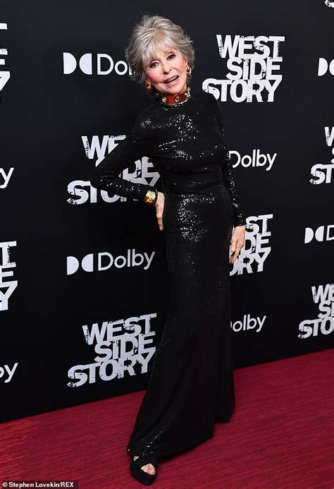 west side story star rita moreno 89 wears a shimmering black gown as she