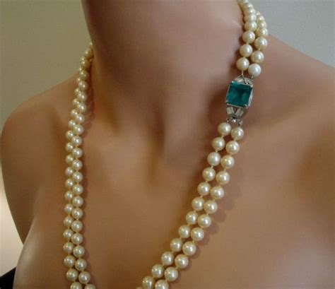Vintage Long Pearl Necklace Ivory With Emerald Green Art Deco Rhinestone Clasp Double Multi