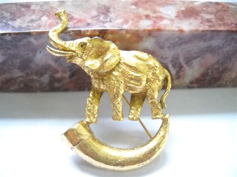 Lucky Elephant Brooch Vintage Gold Tone Elephant On A Tusk Etsy