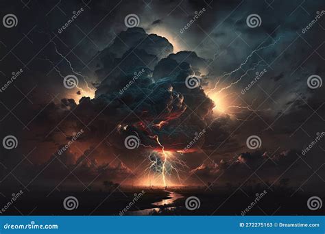 Dramatic Storm Clouds With Lightning Strikes And Dark Atmosphere Giant