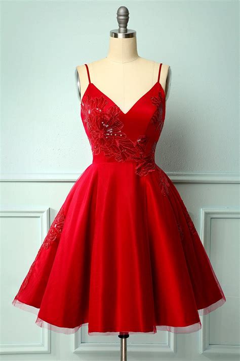 Red A Line Prom Party Dress With Spaghetti Straps Red Dress Short Prom Party Dresses Red Dress