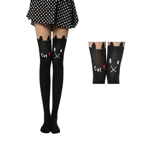 Sexy Black Cute Cat Tattoo Socks Sheer Pantyhose Mock Stockings Tights