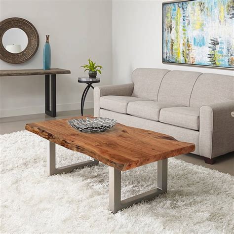 So on the list comes walker edison's solid acacia coffee table that is perfect for outdoor use. Natural Edge Acacia Wood & Steel 55" Long Coffee Table