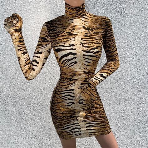 Women S Bodycon Long Sleeve Mini Dress With Tiger Print In Tiger