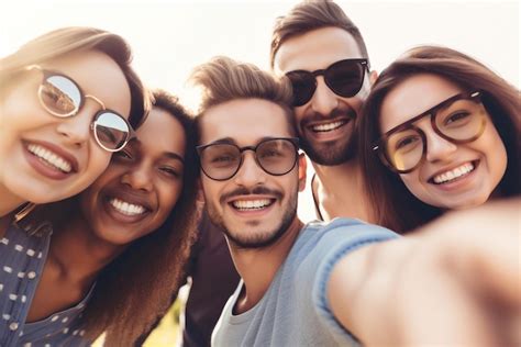Premium Ai Image Generative Ai Multicultural Group Happy Friends Having Fun Taking Selfie Smiling