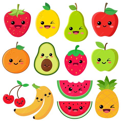 Frutas Fofas Feliz Conjunto Fofo De Rostos De Frutas Sorridentes