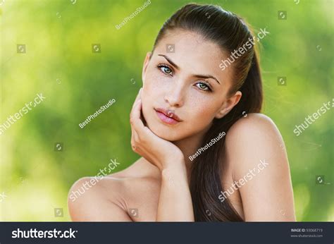 Portrait Of Long Haired Beautiful Naked Women Standing Shoulder