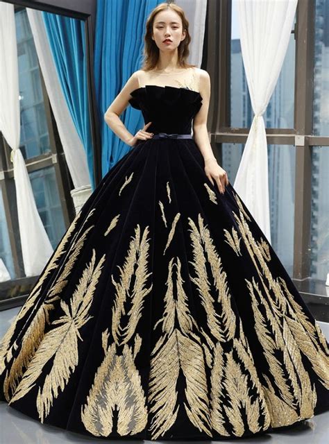 shop 2019 long and short black ball gown velvet gold appliques backless long haute couture prom