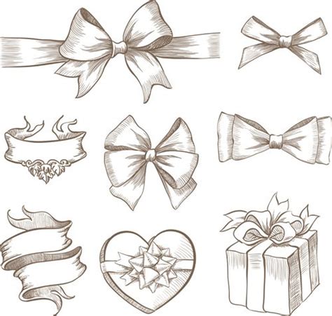Hand Drawn Ribbon Bow And T Boxes Vector 01 Vector Other Free Download Bow Drawing How