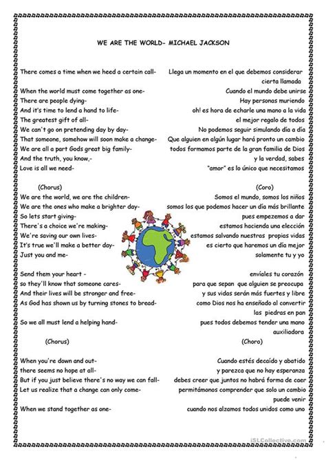 Lyrics We Are The Worls Michael Jackson Worksheet Free