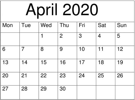 Blank April Calendar Printable