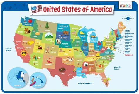 Usa Map Educational Kids Placemat Laminated And Washable Kids