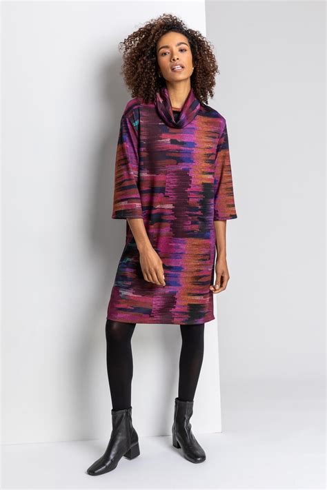 Abstract Print Cowl Neck Dress In Purple Roman Originals Uk