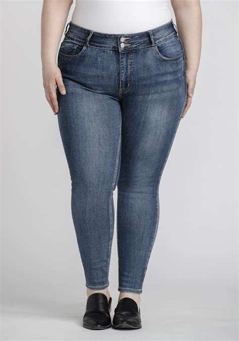 Womens Plus Size Stacked Button Mid Wash Skinny Jeans