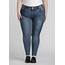Womens Plus Size Stacked Button Mid Wash Skinny Jeans  Warehouse One