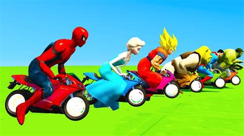 Learn Colors Cartoon Motorcycles For Kids With Big Jump In Superheroes