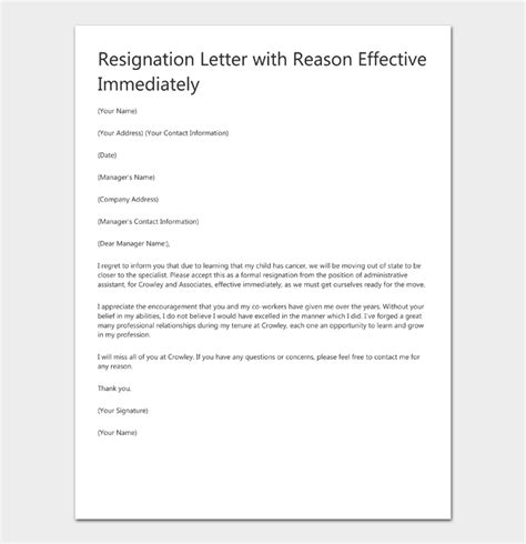 Letter Of Resignation Reasons