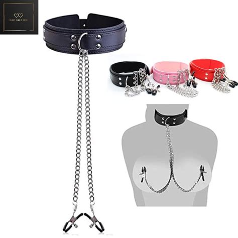 leather choker collar with nipple breast clamp clip chain bdsm etsy