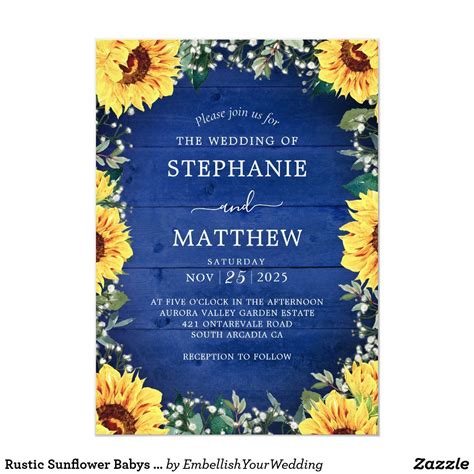 Rustic Sunflower Babys Breath Border Blue Wedding Invitation | Zazzle.com | Teal wedding ...