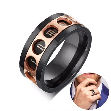 Mens Spinner Wedding Bands Jewelry Mens Stainless Steel Ring Spinning Roman Numeral Band Black Rose Gold 