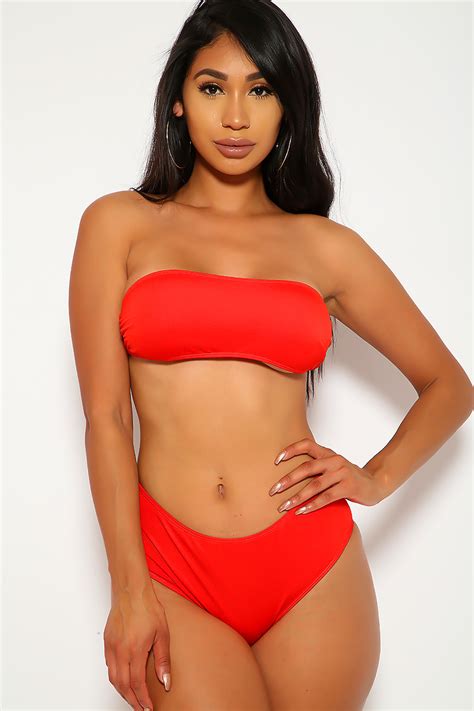 Sexy Red Bandeau High Waist Two Piece Swimsuit Women Of Edm