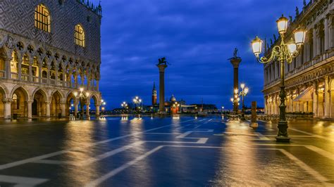 Image Venice Italy Town Square Evening Street Lights 1920x1080
