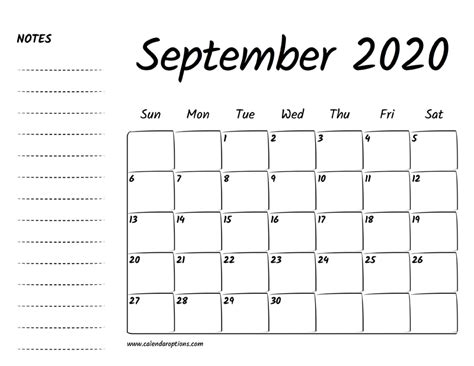 September 2020 Printable Calendar Calendar Options