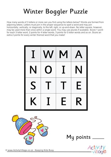 You will receive one winter vocabulary crossword puzzle, clues and an optional word bank on a separate page. Winter Boggler Puzzle
