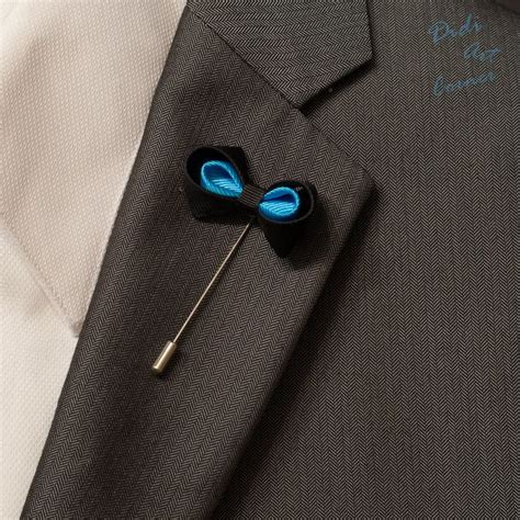 Mens Bow Tie Lapel Pin Elegant Handcrafted Black And Turquoise Bow